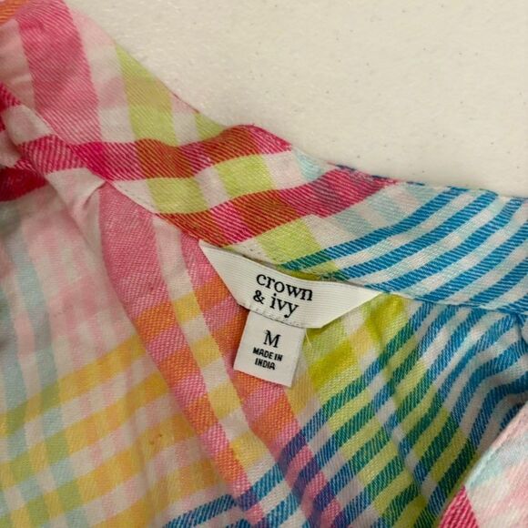 Crown & Ivy Tank Top Women's Medium Plaid V-Neck Tassel Colorful Shirt - Picture 7 of 9